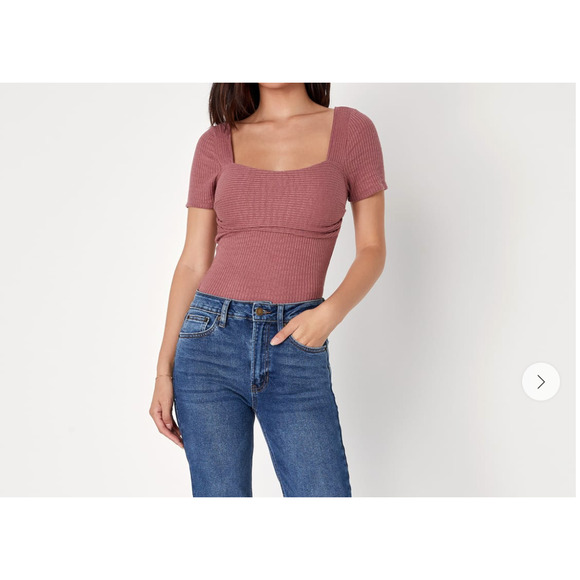 Lulus Quintessential Muse Mauve Ribbed Short Sleeve Top Women's Small - Picture 2 of 8